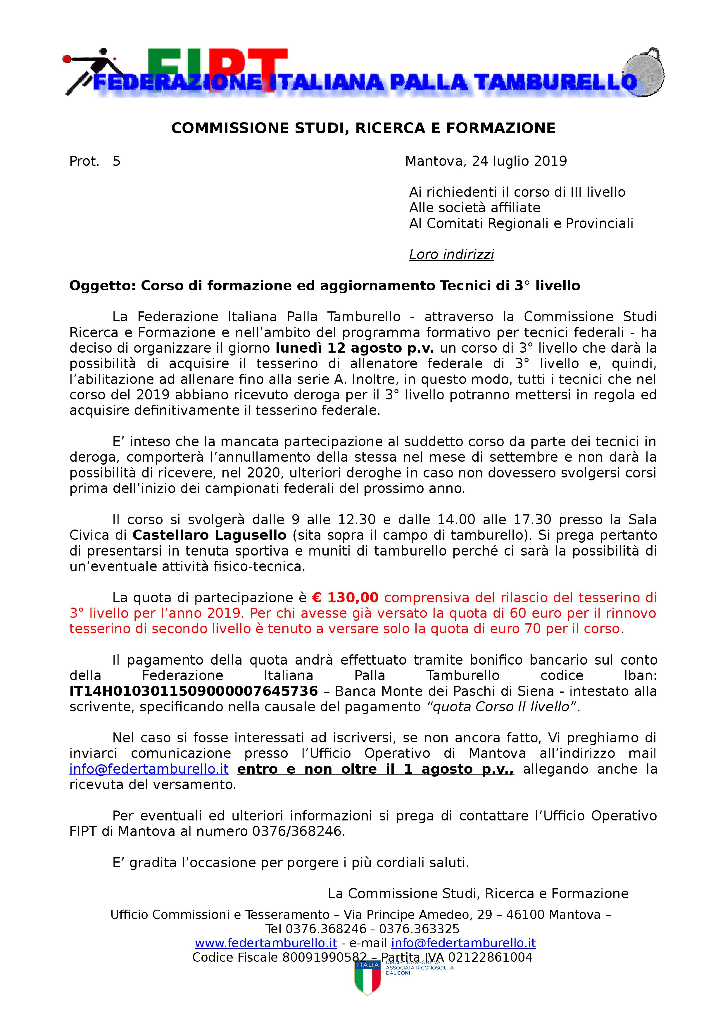 Corso di formazione ed aggiornamento Tecnici di 3° livello