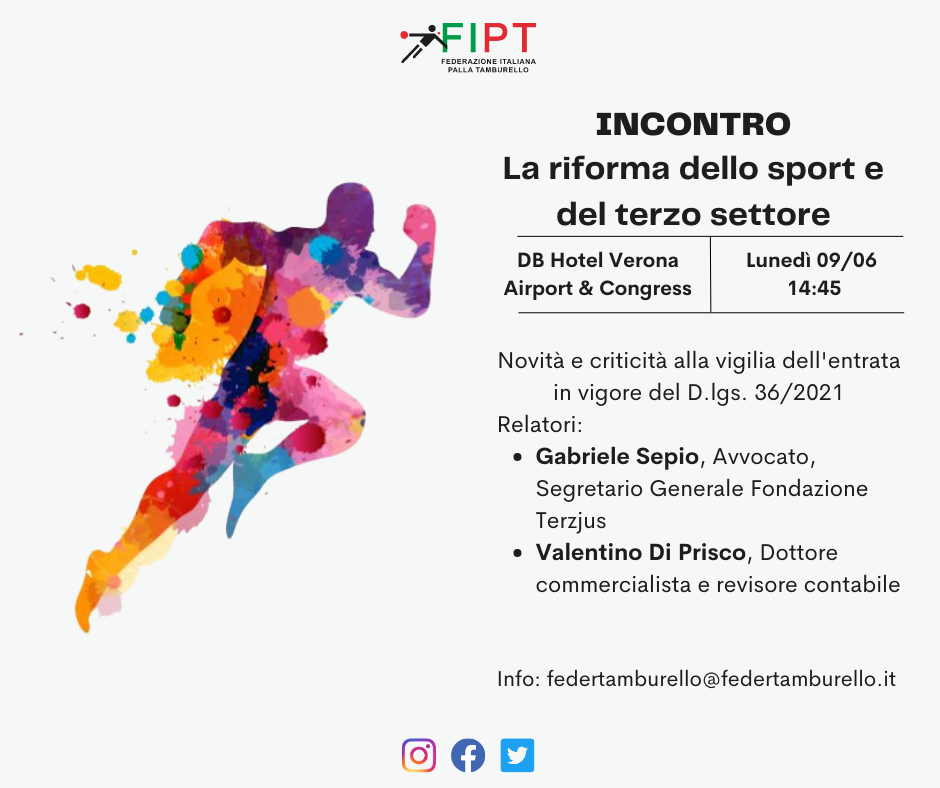 Nuova legge sulla Riforma dello Sport: il 09 giugno la FIPT incontra le società