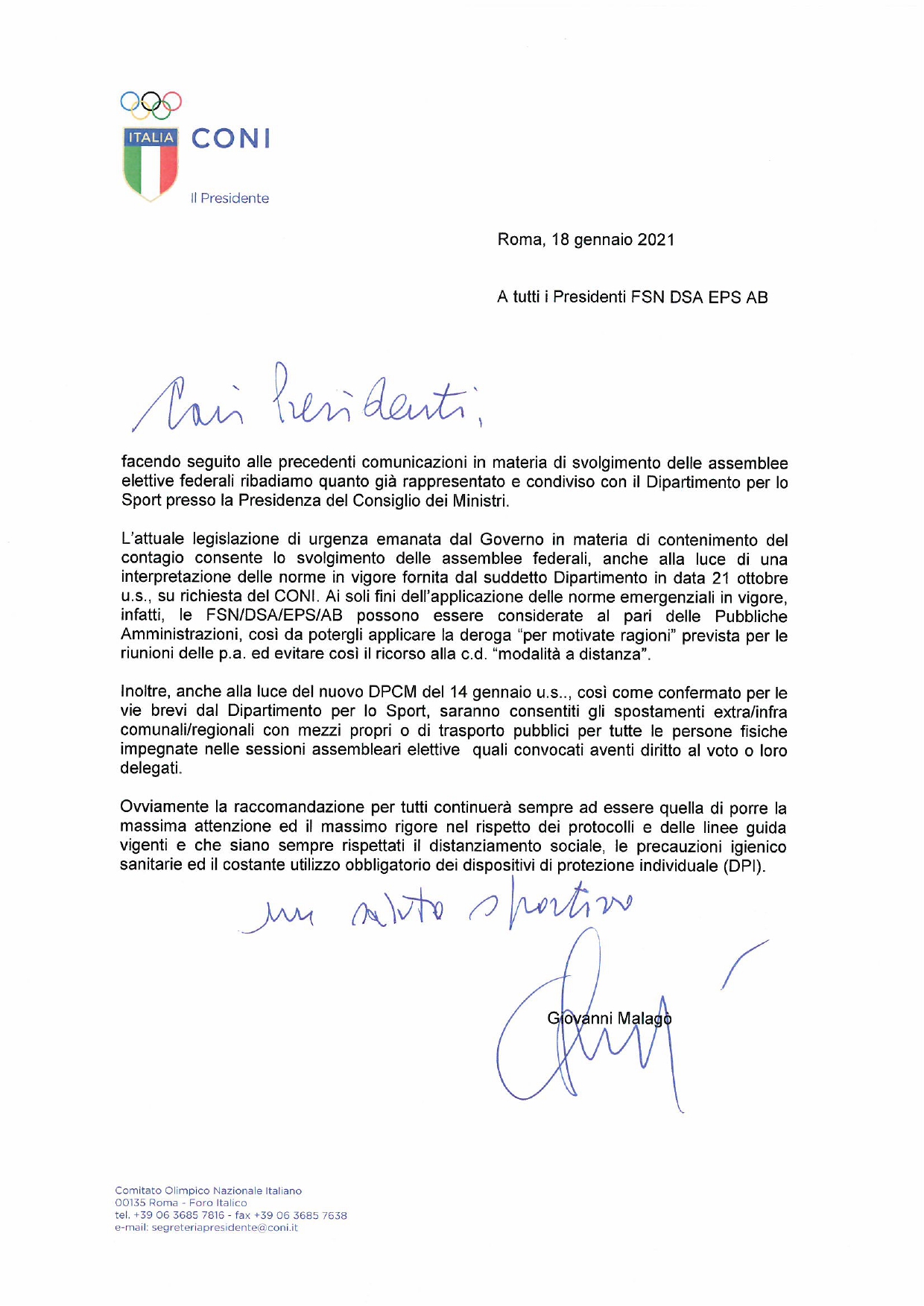 Comunicazione relativa a modalità svolgimento Assemblee federali quadriennio olimpico 2021 2024 page 0001