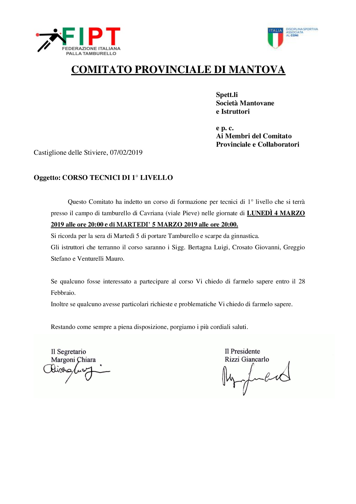 CORSO TECNICI 1 LIVELLO 2019